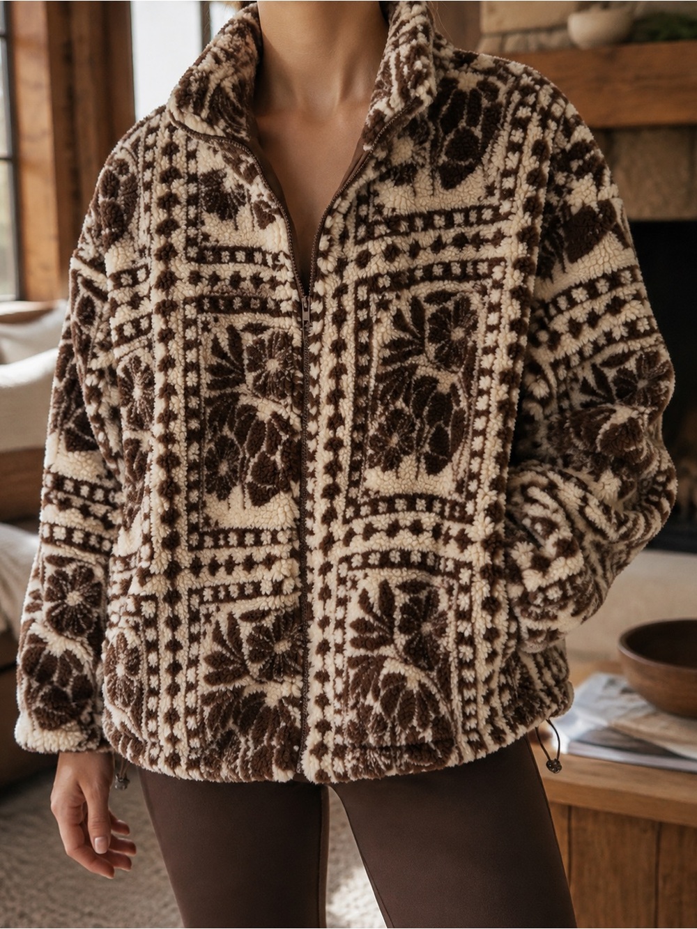 Cider Cream and Brown Teddy Jacket with Floral Print
